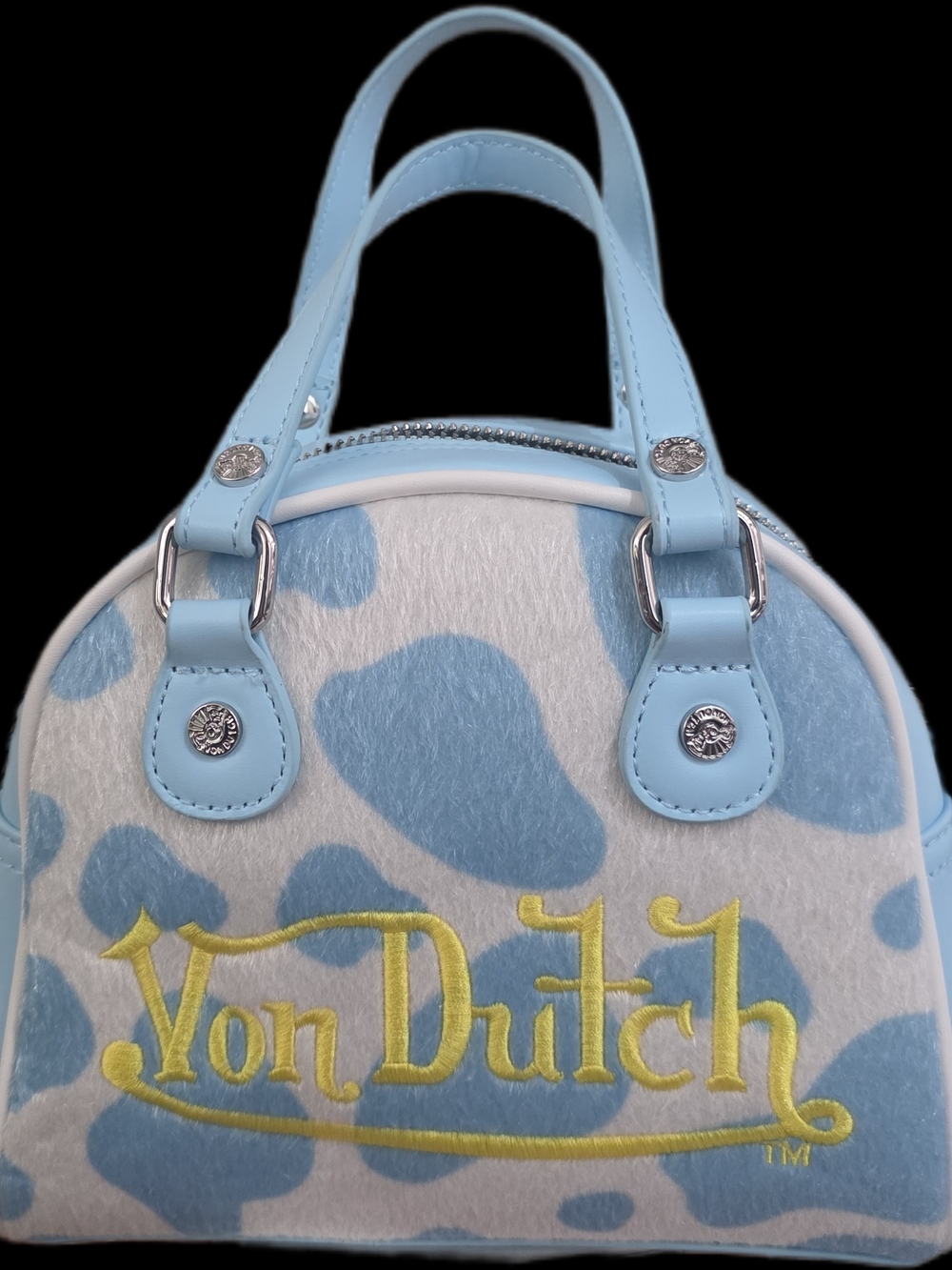 Von Dutch Blue & White Cow-Print Mini Satchel with Yellow Logo